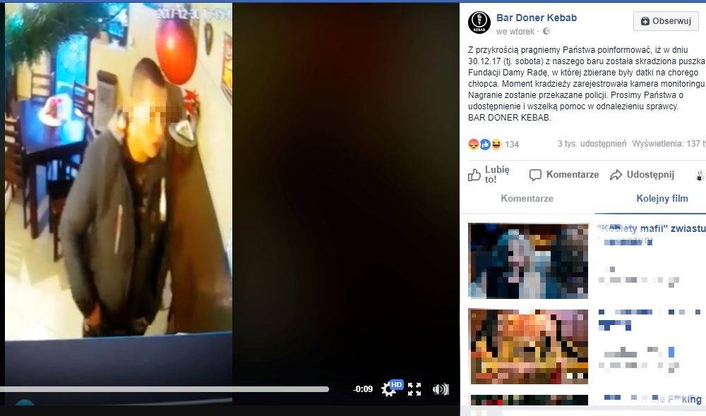 Ukradł puszkę z datkami. Zobaczyły to tysiące...