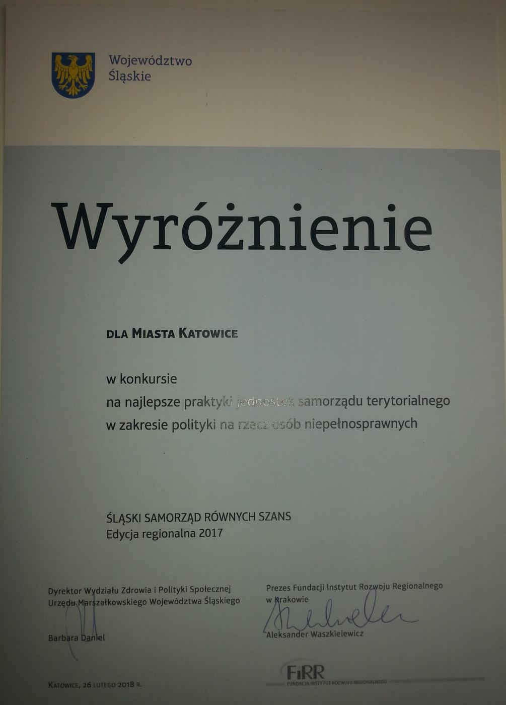 Wyróżnienie dla Katowic