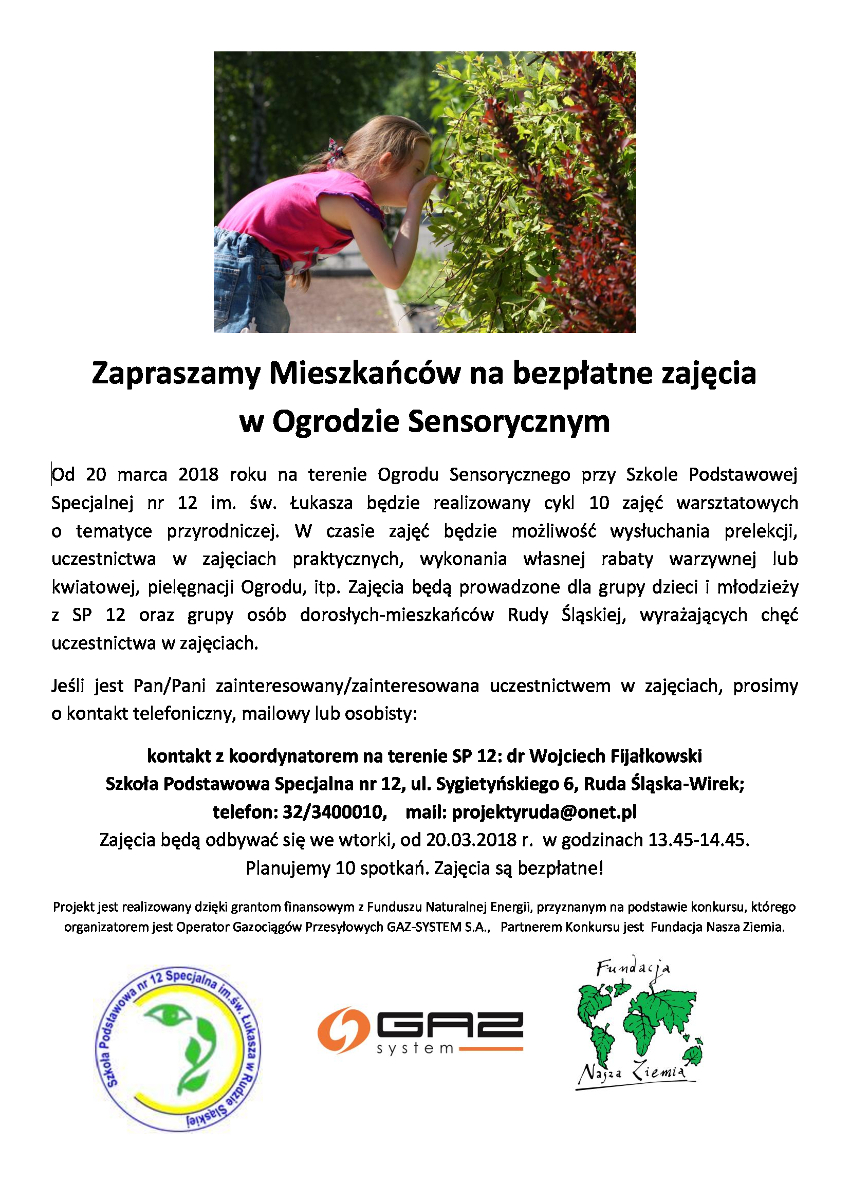 Zapraszamy na bezpłatne zajęcia w Ogrodzie Sensorycznym