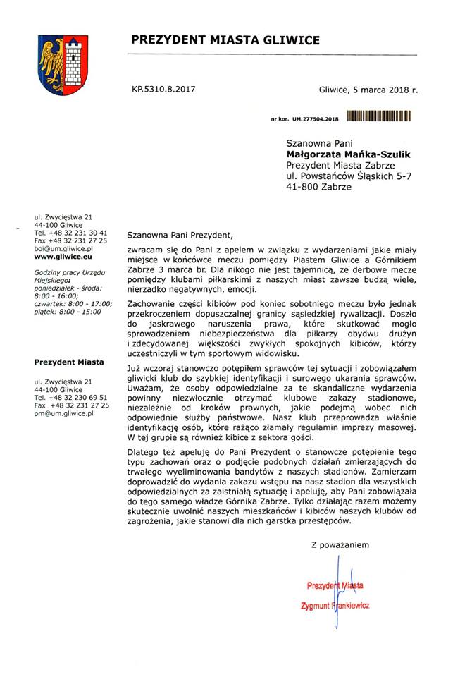 Piast i Górnik ukarane. Oświadczenia prezydentów