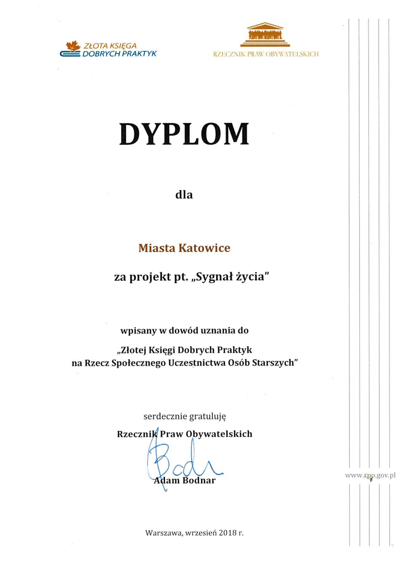 Wyróżnienie dla Miasta Katowice za projekt "Sygnał życia"