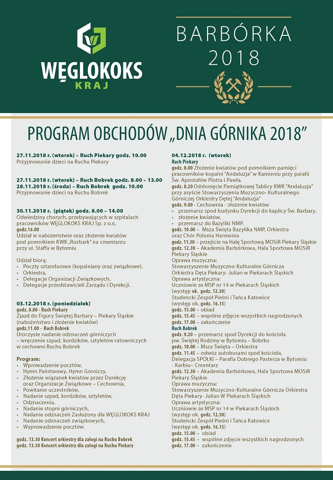 Program obchodów "Dnia Górnika 2018"