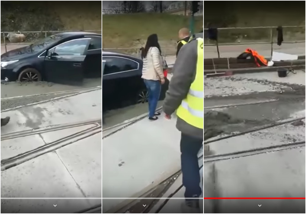 Kobieta wjechała w świeżo wylany beton na torowisku tramwajów w Sosnowcu