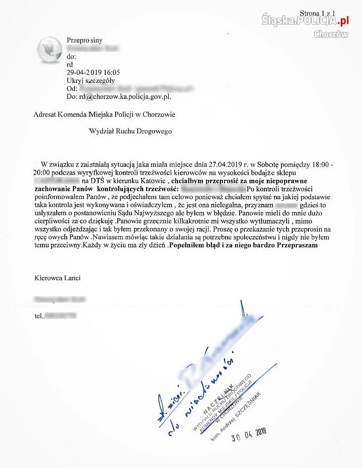 Do chorzowskiej drogówki wpłynęła nietypowa wiadomość z przeprosinami dla mundurowych