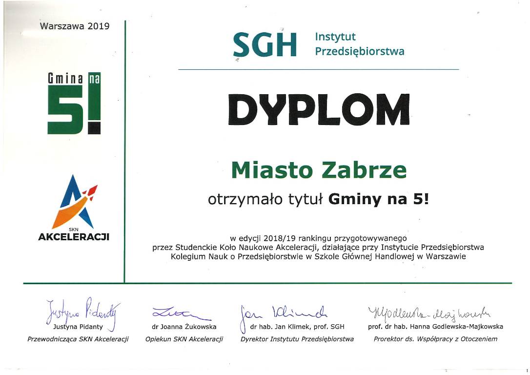 Zabrze wśród laureatów raportu "Gmina na piatkę!"