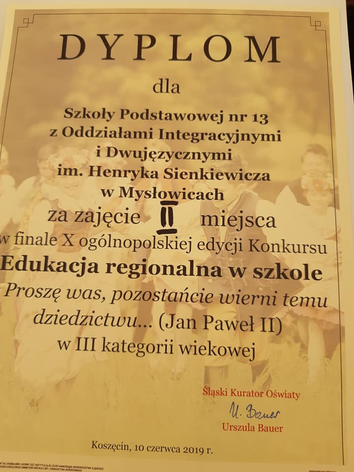 Sukces SP nr 13 podczas finału X Ogólnopolskiego Konkursu Edukacji Regionalnej