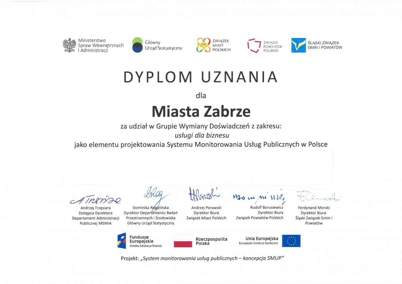 Dyplom uznania dla Miasta Zabrze