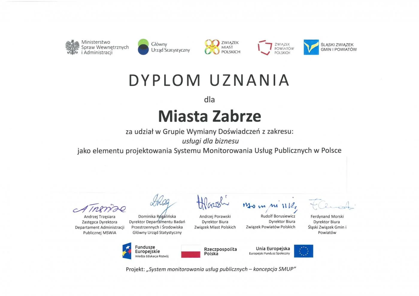 Dyplom uznania dla Miasta Zabrze
