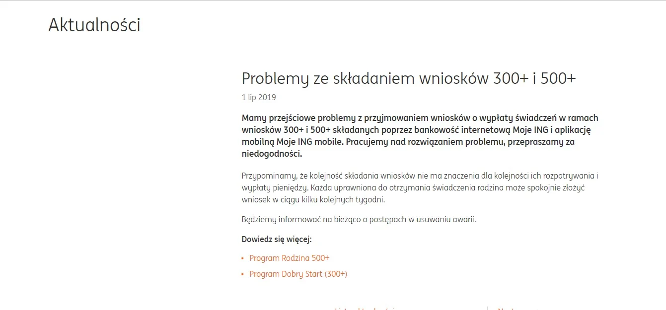 Awaria w ING Banku Śląskim i kłopoty ze składaniem wniosków "500 plus"