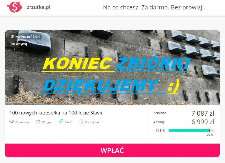 Sukces zbiórki na zakup krzesełek dla KS Slavia Ruda Śl. Kibice ufundują aż 126 siedzisk!