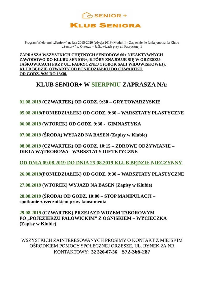 Klub Seniora+ w Orzeszu zaprasza