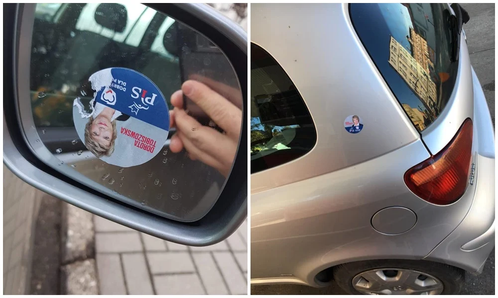 Samochody oklejone naklejkami z podobizną D. Tobiszowskiej. Kandydatka: "To czarny PR"