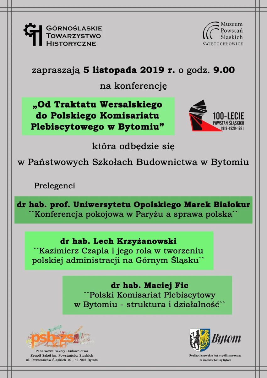 Konferencja "Od Traktatu Wersalskiego do Polskiego Komisariatu Plebiscytowego w Bytomiu"