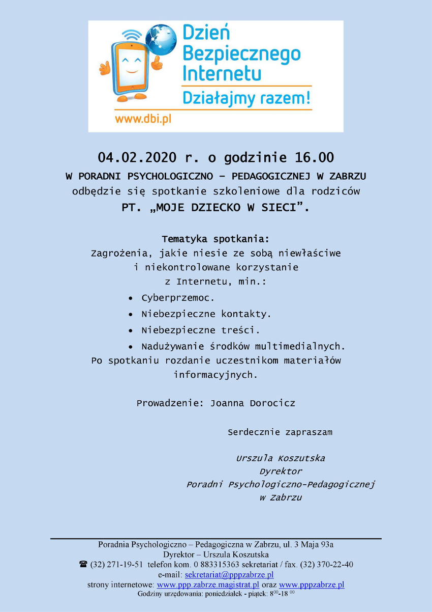 Poradnia Psychologiczno-Pedagogiczna zaprasza na spotkanie - Moje dziecko w sieci