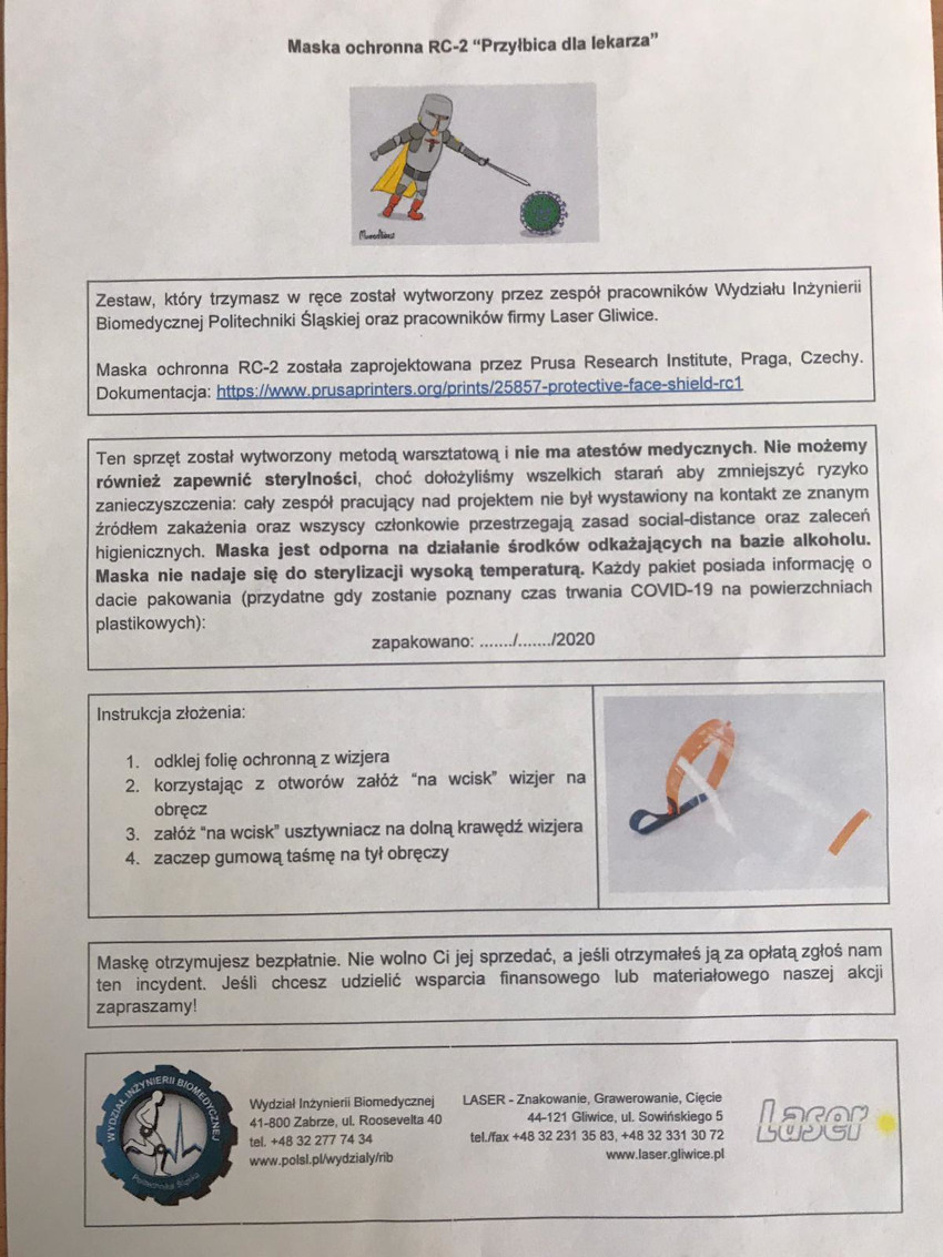 Politechnika Śląska drukuje przyłbice ochronne dla lekarzy