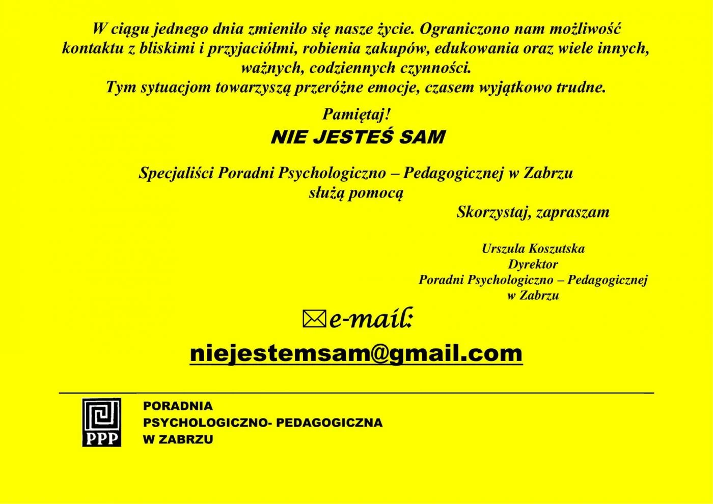 "Nie jesteś sam" - Poradnia Psychologiczno-Pedagogiczna zachęca do kontaktu