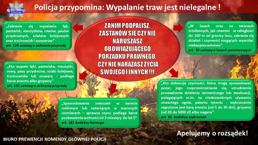 Policja ostrzega – wypalanie traw jest niebezpieczne i niedozwolone!