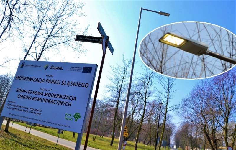 Aleja Leśna w Parku Śląskim w pełni oświetlona