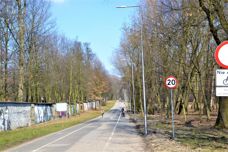 Aleja Leśna w Parku Śląskim w pełni oświetlona
