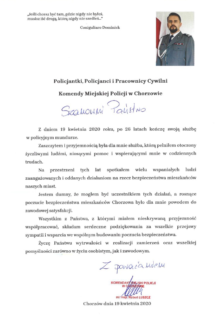 Komendant Miejski Policji w Chorzowie po 26 latach rozstaje się z policyjnym mundurem