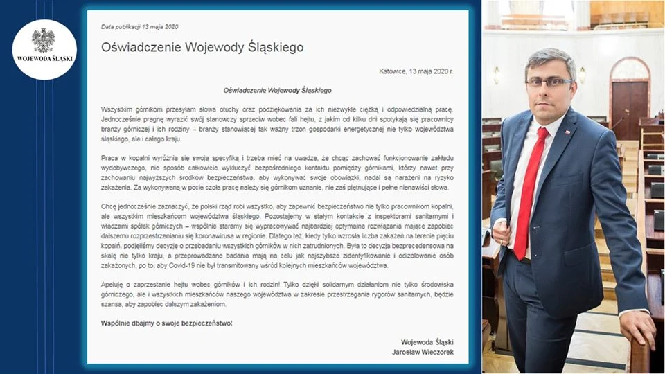Wojewoda śląski z apelem o zaprzestanie hejtu wobec górników i ich rodzin