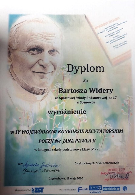 Wyróżnienie dla ucznia Sportowej Szkoły Podstawowej nr 17 w Sosnowcu