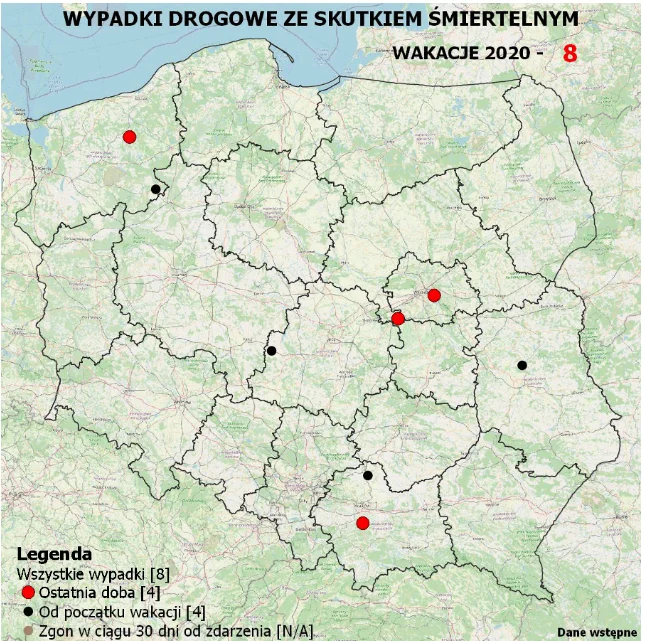 Policyjna mapa wypadków drogowych ze skutkiem śmiertelnym - wakacje 2020