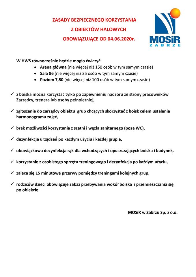 Nowe zasady korzystania z obiektów halowych MOSiR w Zabrzu