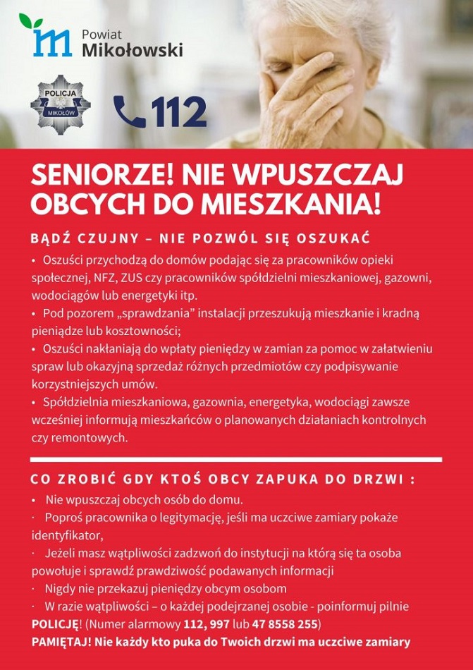 Seniorze! Nie wpuszczaj obcych do mieszkania! Bądź czujny- nie pozwól się oszukać