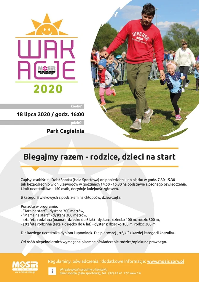 Wakacje w mieście 2020 - Biegajmy razem - rodzice, dzieci na start. MOSiR zaprasza na bieg