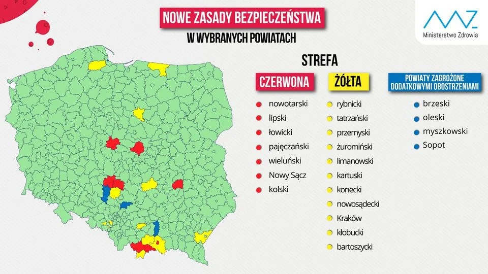 Rybnik opuścił czerwoną strefę, a Ruda Śląska – żółtą. Od dziś zmiany na koronawirusowej mapie Polski