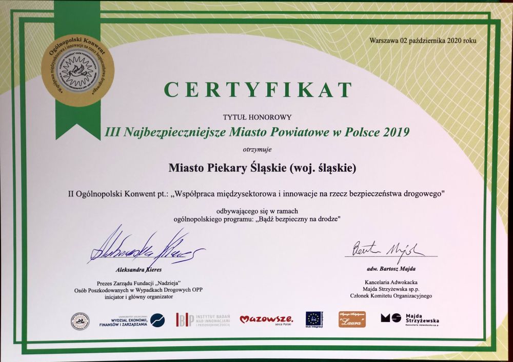 Piekary Śląskie z tytułem "Najbezpieczniejsze Miasto w Polsce 2019"