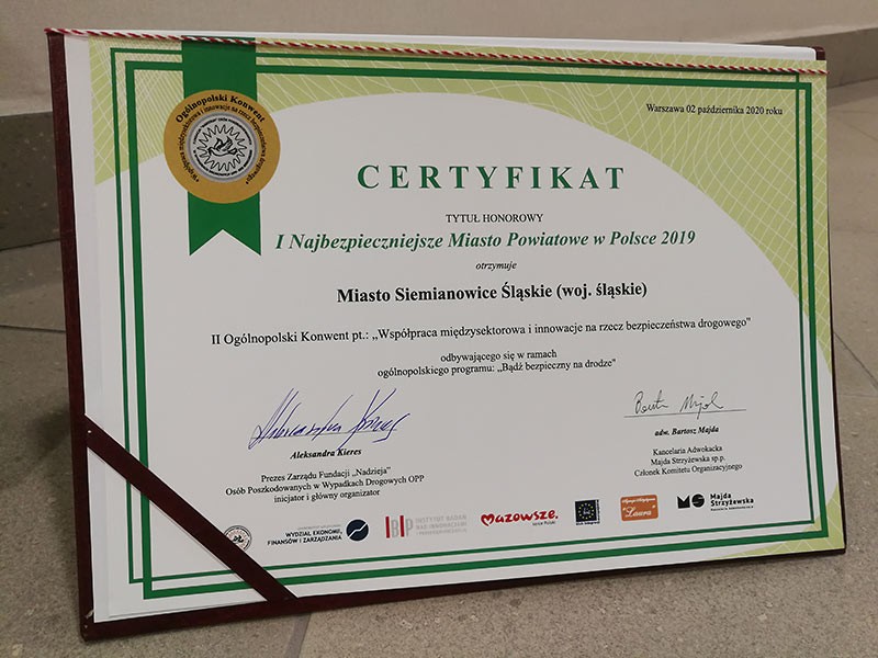 Tytuł I Najbezpieczniejszego Miasta Powiatowego w Polsce dla Siemianowic Śląskich