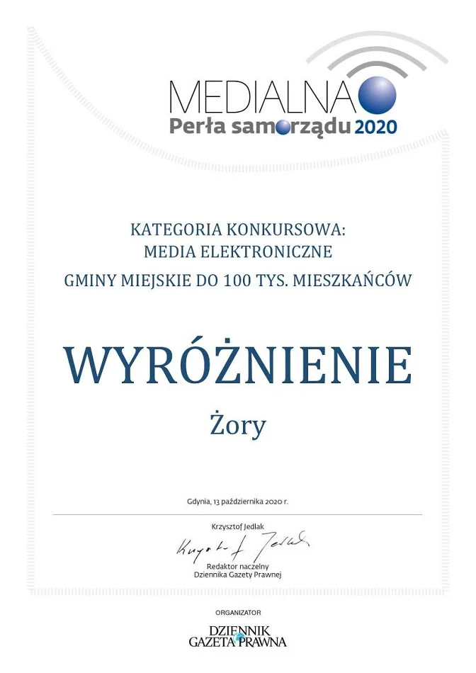 Żory wyróżnione w konkursie Medialne Perły Samorządu 2020