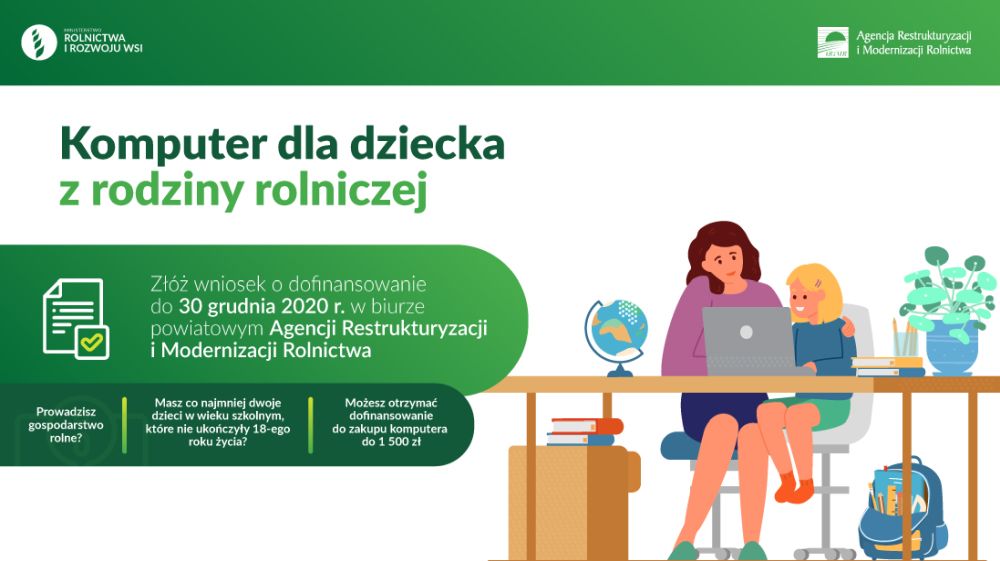 Dofinansowanie zakupu komputera dla dziecka z rodziny rolniczej