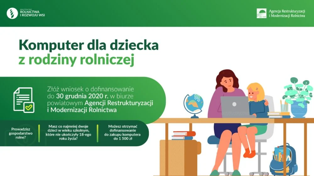 Dofinansowanie zakupu komputera dla dziecka z rodziny rolniczej