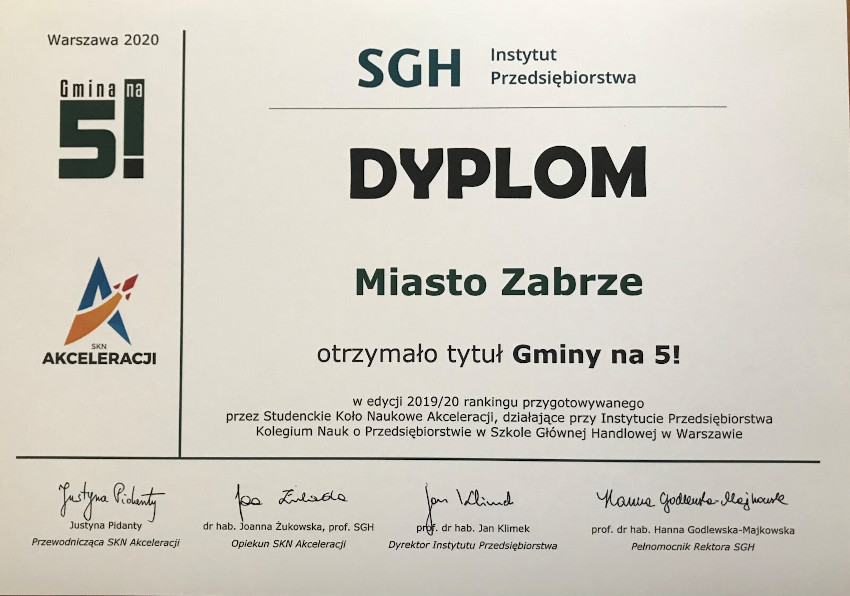 Zabrze wśród wyróżnionych w tegorocznej edycji konkursu "Gmina na 5!"