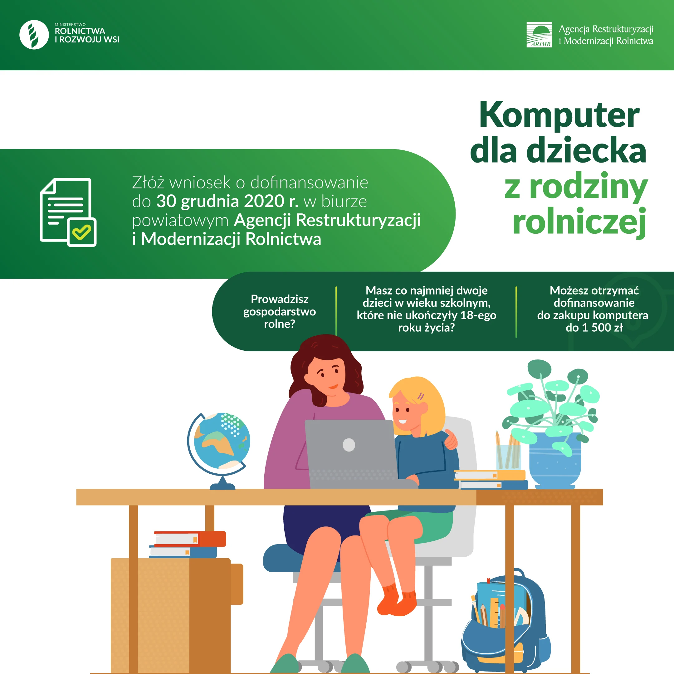 ARiMR dofinansowuje zakup komputera dla dziecka z rolniczej rodziny