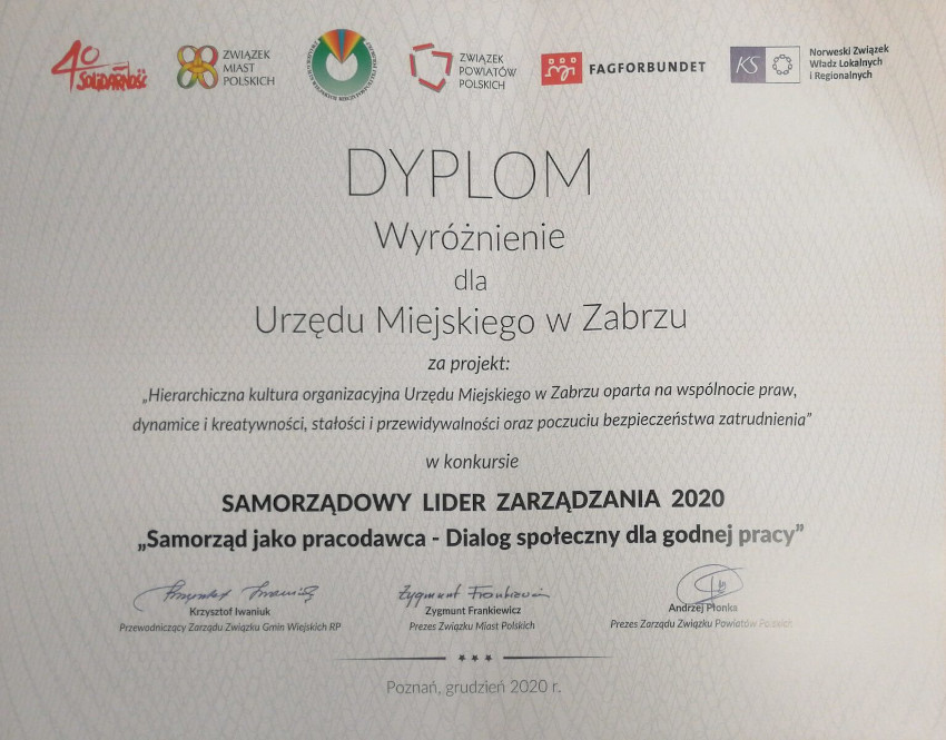 Zabrze finalistą konkursu "Samorządowy Lider Zarządzania 2020 - Samorząd jako pracodawca"