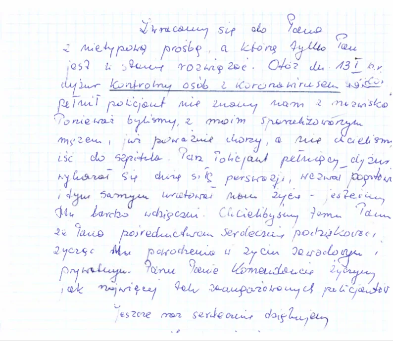 Podziękowania dla dzielnicowego za pomoc w czasie kwarantanny