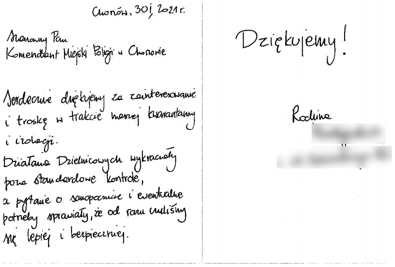 Podziękowania dla dzielnicowych za opiekę podczas kwarantanny