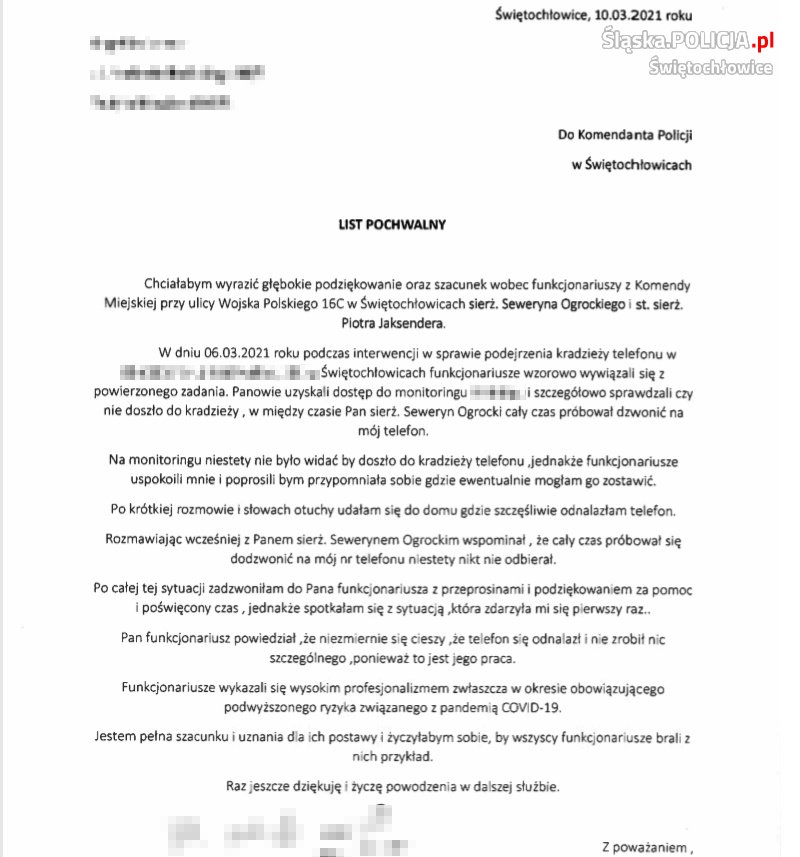 List pochwalny dla świętochłowickich policjantów