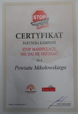 „Stop manipulacji - nie daj się oszukać!” - certyfikat ogólnopolskiej kampanii