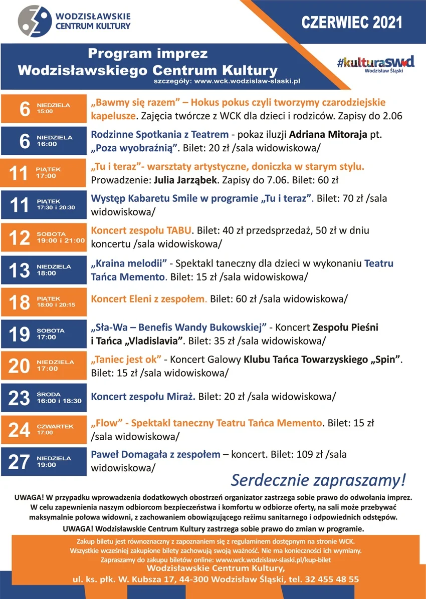 Program imprez Wodzisławskiego Centrum Kultury - czerwiec 2021