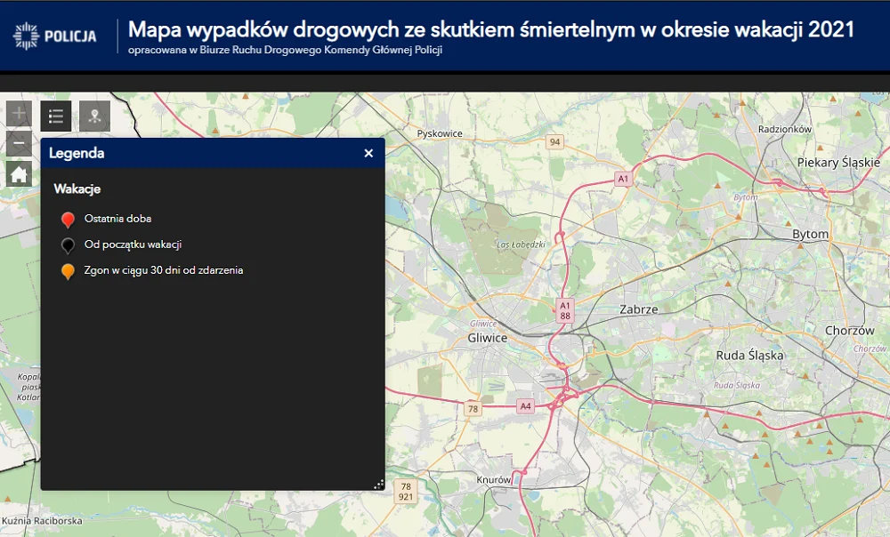 Mapa wypadków ze skutkiem śmiertelnym - Wakacje 2021