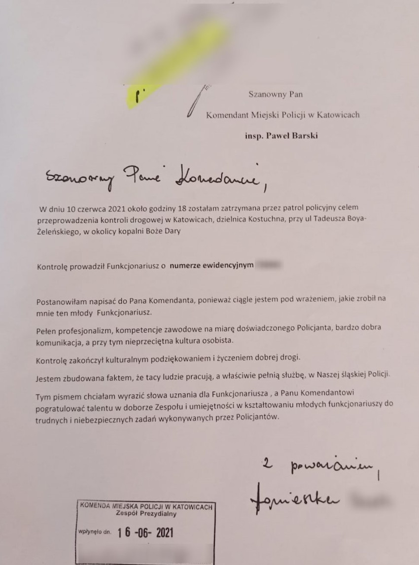 Wyrazy uznania dla policjanta katowickiej drogówki