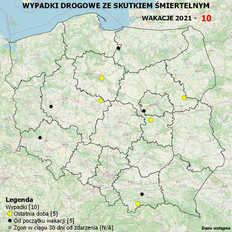 Policyjna mapa wypadków drogowych ze skutkiem śmiertelnym - wakacje 2021