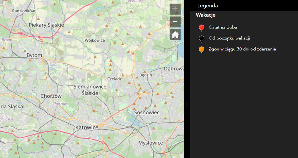 Policyjna mapa wypadków drogowych ze skutkiem śmiertelnym - wakacje 2021