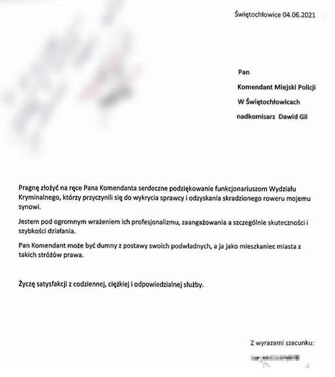 Na ręce komendanta wpłynęły podziękowania za pomoc policjantów w odzyskaniu roweru