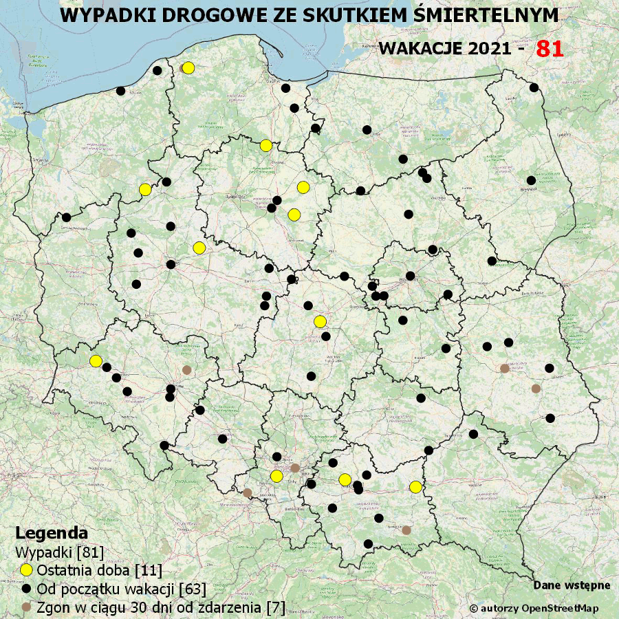 Policyjna mapa wypadków drogowych ze skutkiem śmiertelnym - wakacje 2021